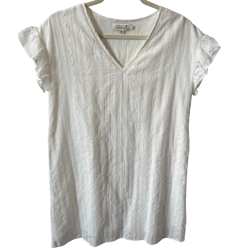 Molly Bracken‎ Womens White Eyelet Embroidered Ruffle Sleeve V Neck Dress S